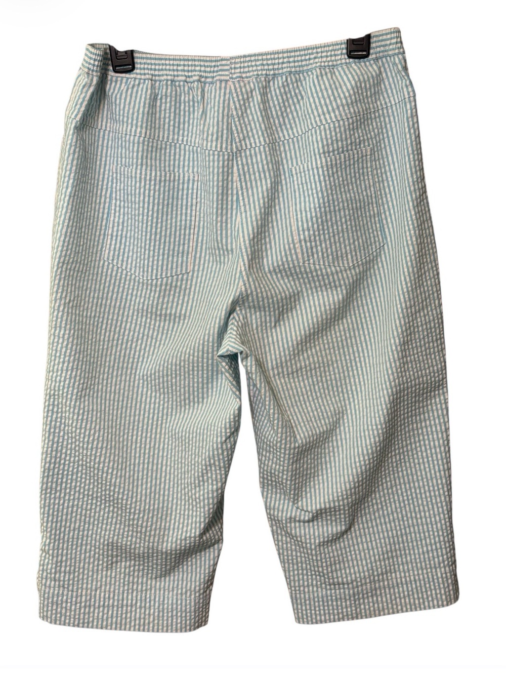Quacker Factory Aqua White Seersucker Crop Pants Medium Pull On Capri - Picture 3 of 4